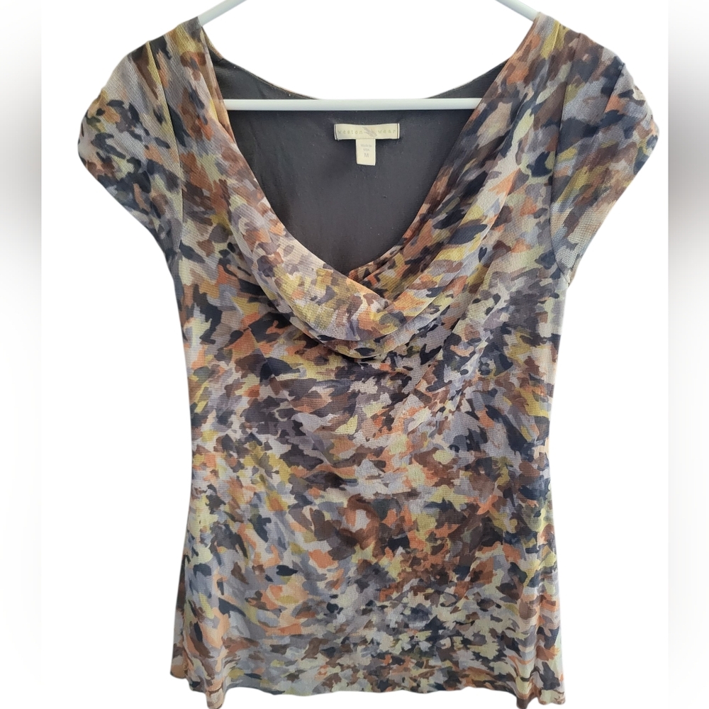 Weston Wear Blue and Brown Draped Cap Sleeve Blouse